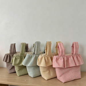 Wholesale Multi-purpose Stroller <strong>Accessory</strong> <strong>Bag</strong> Daily Baby Diaper <strong>Bag</strong> Women Ruffle Gingham Small Polyester Cotton Tote <strong>Bag</strong> - Product Image 1