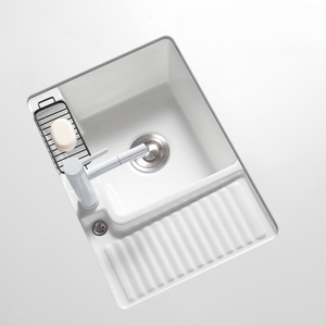 Fregadero de piedra Rectangular de cerámica de un solo orificio moderno, diseño de instalación de pared simple para <span class=keywords><strong>lavandería</strong></span> de baño para baño de apartamento - Product Image 2