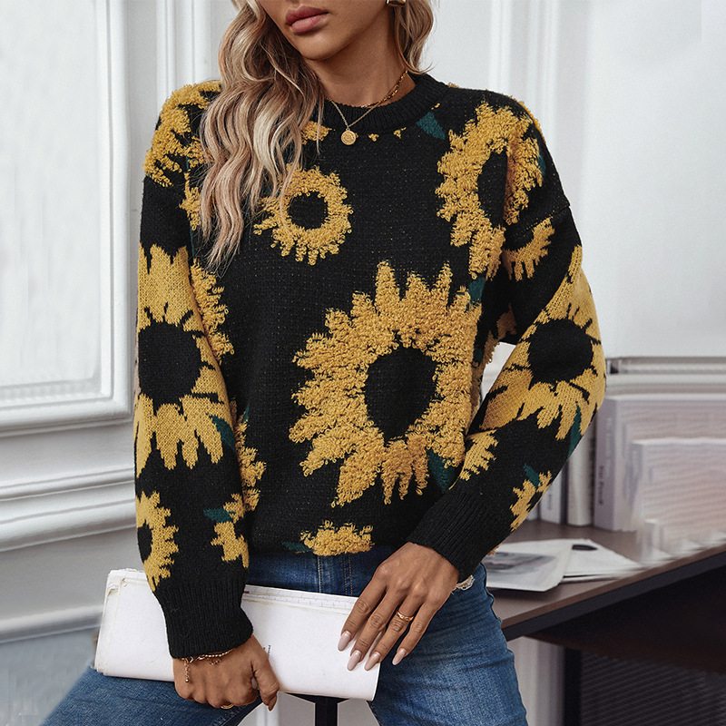 Sunflower 3D Jacquard Weave Women's Sweaters Long Sleeve Ladies