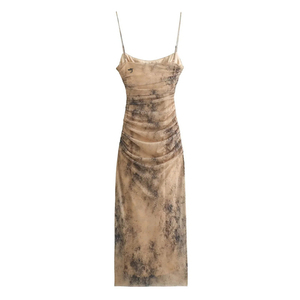 Correa de espagueti Tela de malla Cuello en V profundo Tallas grandes Vestidos vintage Vestidos ajustados Bodycon Madi Vestidos plisados - Product Image 1