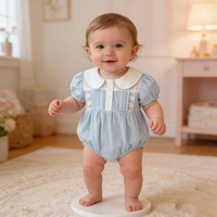 Barboteuse d'été 2026 pour nouveau-né, barboteuse bleu clair pour bébé fille, col Peter Pan, manches bouffantes en dentelle, tenue pour nourrisson, vêtements pour bébé