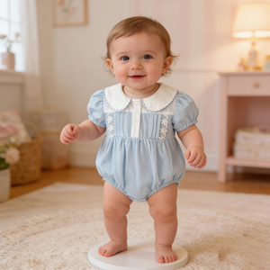 Tutina Estiva 2026 per Neonata, Dolce Pagliaccetto Azzurro con Colletto Peter Pan e Maniche a Sbuffo in Pizzo, Abbigliamento per Neonati - Product Image 2