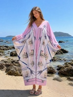 Gaun Kaftan Abaya Elegan V-Neck Wanita, Gaun Maxi Longgar Ukuran Besar, Jubah Arab Gaun Etnik Afrika Bermotif untuk Wanita, Pakaian Pantai dan Sehari-hari