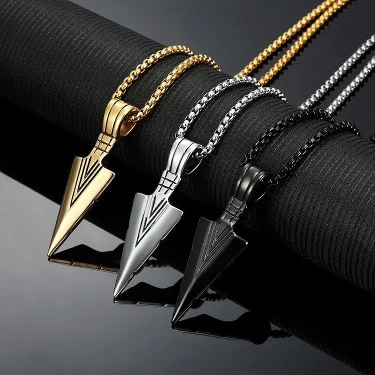 Vintage Men Stainless Steel link chain Necklace Jewelry in bulk non tarnish silver hip hop arrow necklace with pearl chain