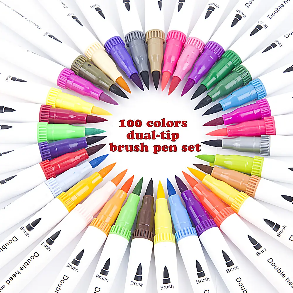 100 cores Amazon Hot Sale Não-tóxico Marcadores Da Arte Dupla Face Verdadeira Escova Lettering Tinta Pincel de Aquarela Marcador Caneta