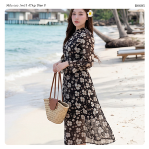 Women’s Floral Chiffon Long Sleeve Midi Dress Ruffle Collar Button Front Tie Waist A Line Dress OEM ODM from Vietnam - Product Image 2