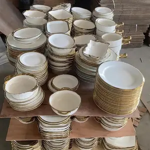 Hot Sell Cheap Ceramic White Plate With Gold Rim Tableware Mix Size Bowls Bulk Wholesale Plates Dishes Sell By Ton Stocked