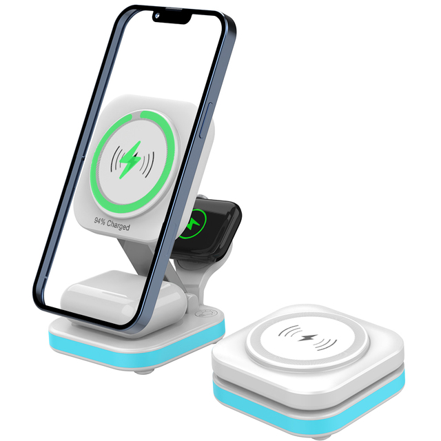 15W 5-in-1 Wireless Charger for Phones, Watches & Earbuds with Blue Night Light and Type-C Output