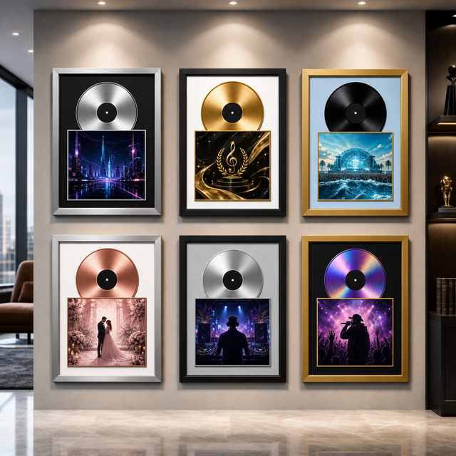 Custom Vinyl Record Display Frame Music Award Plaque Frame with Gold Record and Name Plate