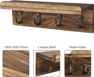 Estante de pared con 4 ganchos - Estante de <span class=keywords><strong>madera</strong></span> resistente para llaves, toallas, sombreros y decoración del hogar - Product Image 5
