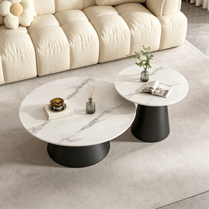Ensemble de tables basses gigognes modernes à base ronde noire, plateau à motif marbre, style minimaliste, luxe léger, pour salon et hôtel - Product Image 1