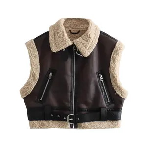 Turn down collar zipper fly brown color casual fashion leather vest for women