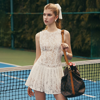 Femme écologique lavable Vintage inspiré blanc dentelle robe de Tennis élégante robe de soirée sans manches O cou évasé ourlet nœud