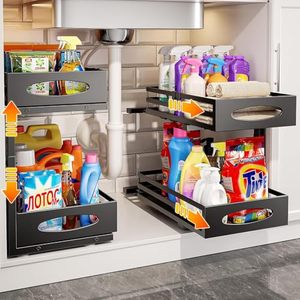 Organiseur <span class=keywords><strong>sous</strong></span> évier à roulettes lisses, 2 niveaux, hauteur extensible, tiroir coulissant pour armoires de cuisine et de salle de bain - Product Image 1