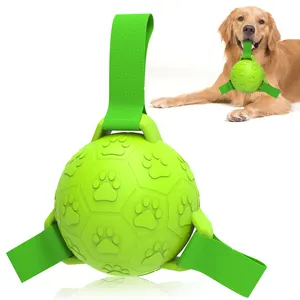 Kinyu Pet Supply Patent High Quality Natural Rubber Indestructible Dog With Nylon Woven Strap Interactive Dog Soccer Ball Toy