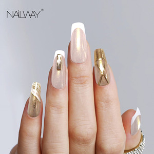 Nailway <span class=keywords><strong>Faux</strong></span> Ongles à Presser en <span class=keywords><strong>Gel</strong></span> Souple, Forme Longue Cercueil Ballerine, Effet Œil de Chat, Couverture Complète, Pré-conçus, Plusieurs Couleurs, Doré - Product Image 1