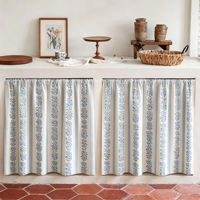 Rideau de cuisine moderne en mélange de lin, bleu à rayures florales, occultant, isolant, anti-poussière, avec poche pour tringle, pour évier ouvert, pour l'intimité