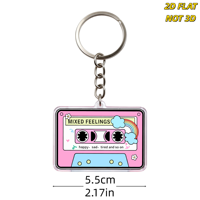 Porte-clés en acrylique Cassette Mixtape 'Mixed Feelings' rose et bleu rétro avec breloque double face Arc-en-ciel, Nuages et Fleurs