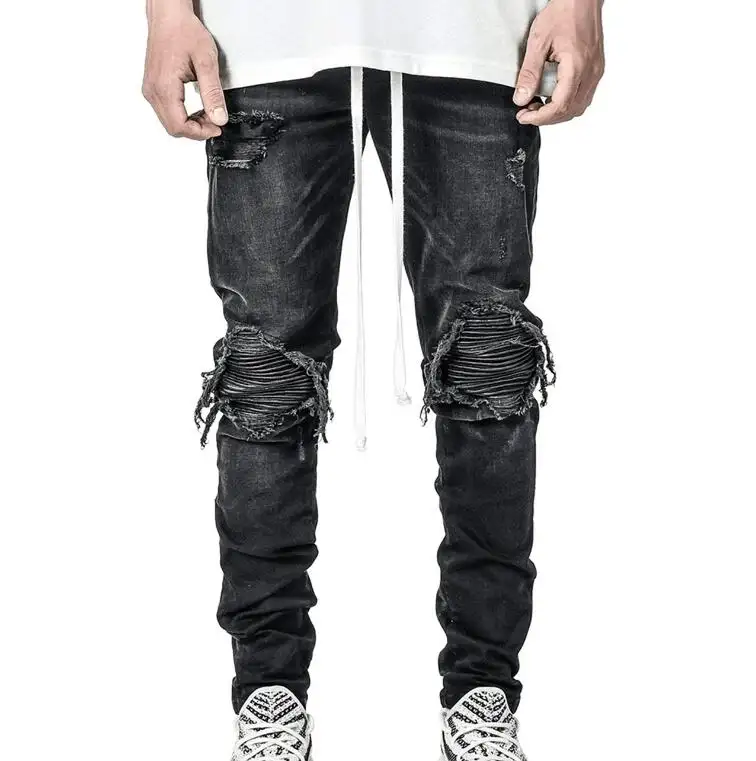 Men Black Skinny Denim Jeans Luxury Brand Street Wear Holes Long Jeans Pants Quality Men Stretch Casual Denim Pants Jeans