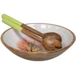 Large Wooden Salad Bowl with Enamel Printed Artwork Handcrafted Round Bowl for Dining <b>Table</b> Kitchens Restaurant Wooden Bowl - Product Image 1