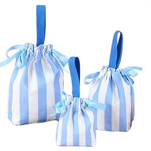 Durable Medium-Sized Blue White Stripe <b>Canvas</b> <b>Drawstring</b> <b>Bag</b> Carry Handle Washable Reusable for Holiday Treat Packaging Wedding - Product Image 1