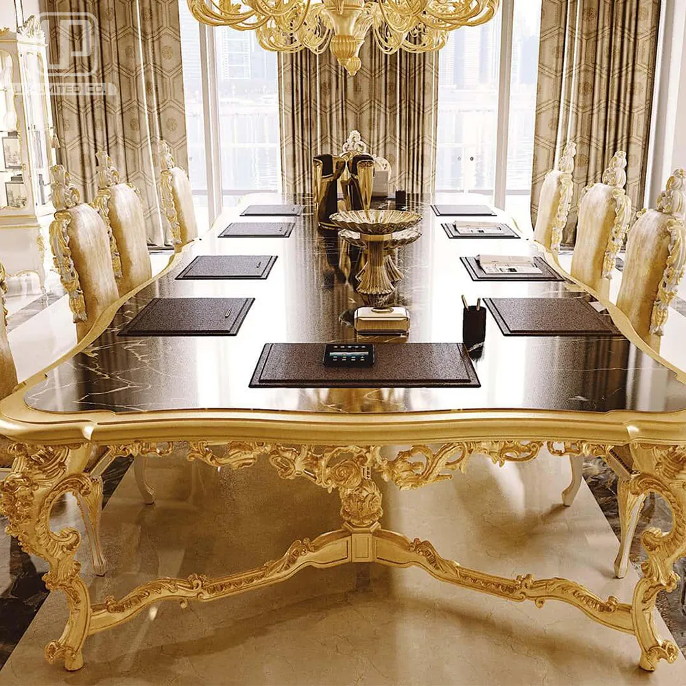 Neoklassieke Luxe Massief Houten Hand Gesneden Grote Eettafel Set Hand Gesneden Eetkamer Meubels Hotel Goud Kleur Houten