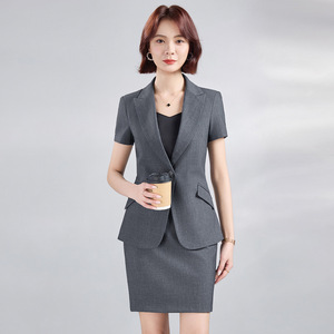 Women's Short Sleeve Business Suit Set Gray <b>Wool</b> Blend Anti-Wrinkle Office Lady Workwear Formal Attire Interview Uniform - Product Image 1