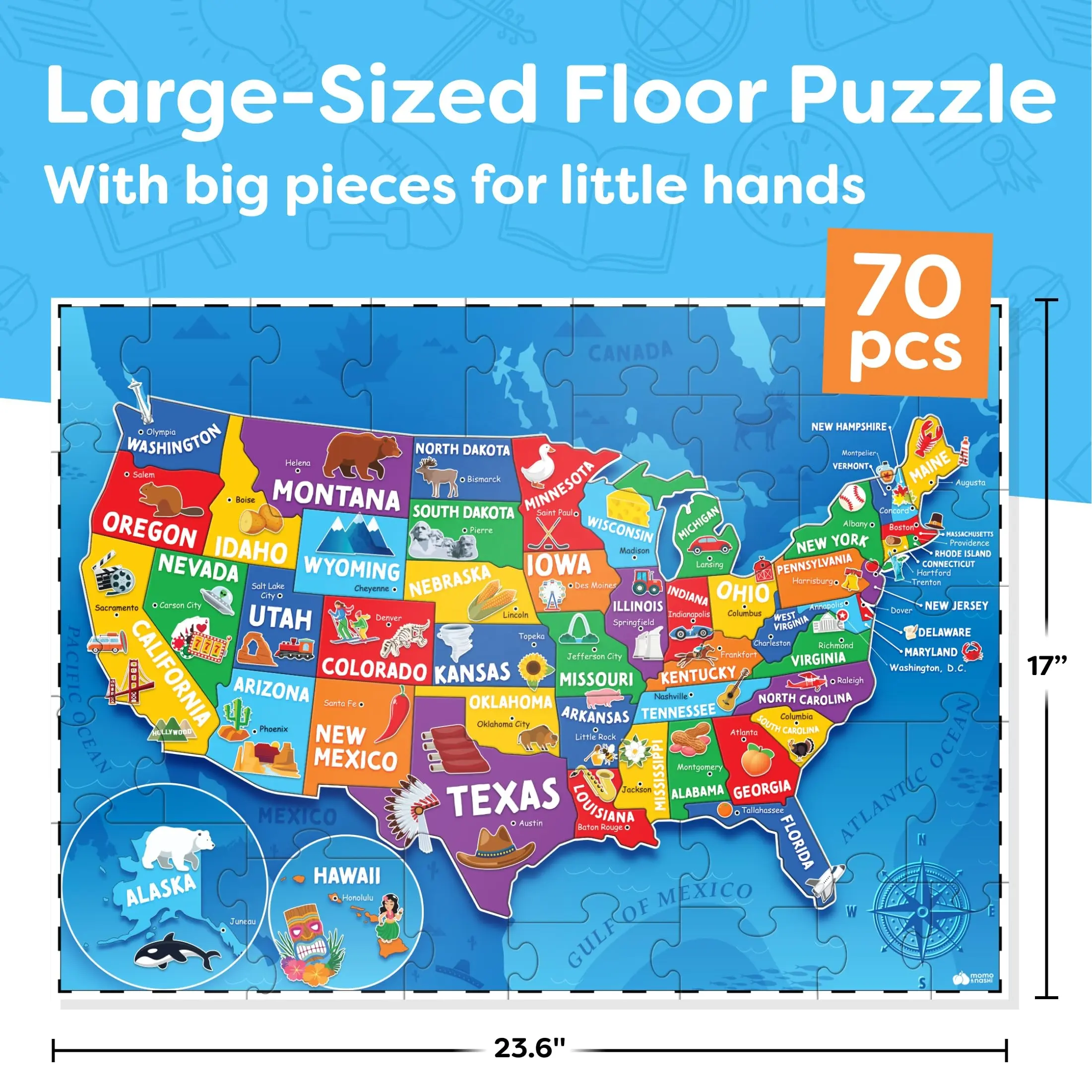 Verenigde Staten Puzzel Voor Kinderen-70 Stuk-Usa Kaart Puzzel 50 Staten Met Hoofdsteden-Kinderen Legpuzzels Geografie