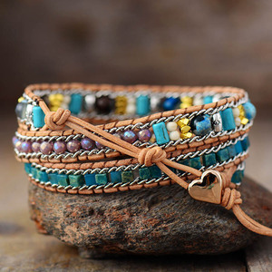 Bracelet en cuir tressé opale bleu, forme cœur, style bohème, bracelet d'amitié, cadeau, bijoux - Product Image 3