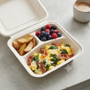 Boîte à clapet écologique 9x9 à 3 compartiments en bagasse de canne à sucre biodégradable, emballage alimentaire compostable pour plats à emporter - Product Image 4