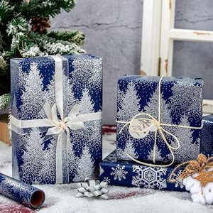 Papel de regalo navideño azul oscuro de doble cara, papel de regalo plateado con diseño de árbol de Navidad, papel de regalo plateado metalizado - Product Image 1