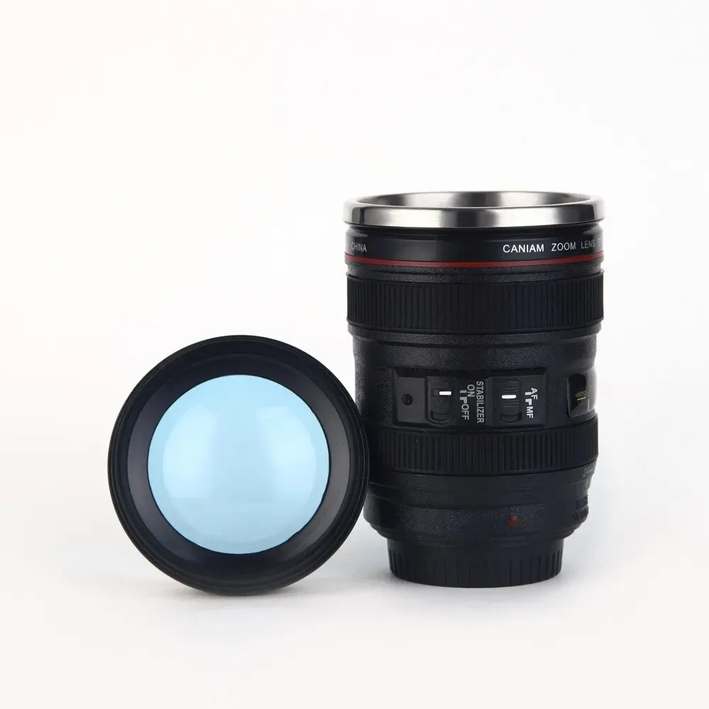 Taza de lente SLR, modelo de lente de cámara, taza informal de plástico con tapa, taza de café de EF24-105mm, tazas de café blancas y negras, regalo creativo