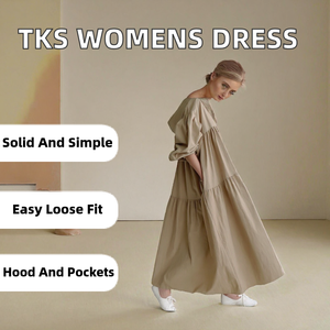 Robe maxi décontractée en coton de couleur unie, manches trois quarts bouffantes, coupe ample, ourlet étagé avec poches pour un usage quotidien - Product Image 2