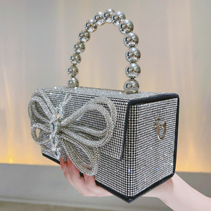Bolso de mano cuadrado pequeño con lazo de gemas y pedrería brillante, estilo hada francesa, hecho a mano, tipo clutch para cena, bolso bandolera portátil - Product Image 4