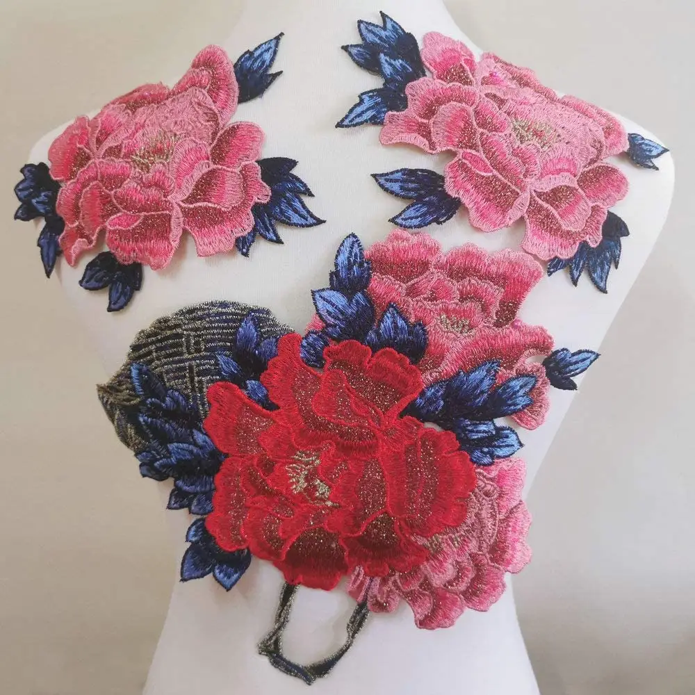 Fashion Custom 3d Red Rose Applique Embroidery Flower Patches