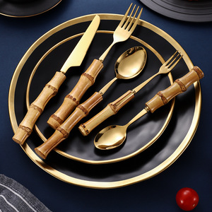 Juego de Cubiertos de Acero Inoxidable con Mango de Bambú Natural, 10 Piezas, Cuchillo para Carne, Tenedor, Cuchara, Utensilios para Postre y Ensalada - Product Image 4