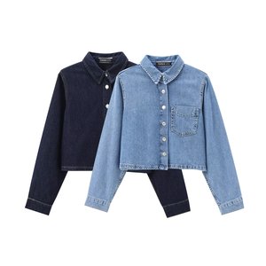 Blus Denim Wanita SHENZHU Musim Panas 2024, Gaya Chic Kasual Vintage Lengan Panjang, Atasan Chiffon Polos Chic, Kemeja Wanita Chic Terbaru - Product Image 1