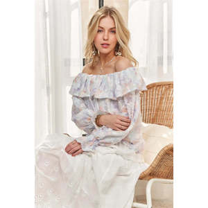 ADORA Camicetta Floreale con Spalle Scoperte e Volant in Lavanda, 100% Poliestere, Taglie S/M-M/L - Product Image 5