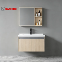 Meuble-lavabo mural en aluminium spatial de 40 cm de large, style crème, avec miroir dissimulé, vasque en céramique monobloc à bords étroits