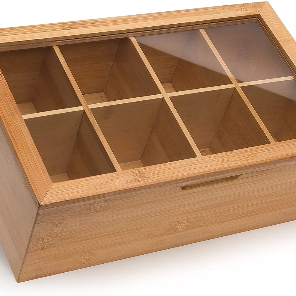 Natural Bamboo Tea Box Storage Organizer Höhere Größe Hält 120 stehende oder flache Teebeutel 8 verstellbare Brust fächer