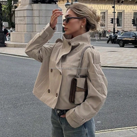 Blouson coupe courte croisé sur mesure OEM pour femme, col montant, en sergé bleu clair, coupe-vent, vêtement d'extérieur