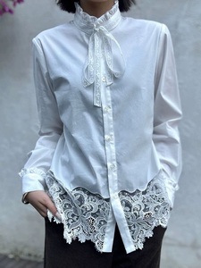 Camicie Nuove di Alta Qualità Primavera Estate 2026 Blusa Donna Sexy in <span class=keywords><strong>Tulle</strong></span> Ricamato con Pizzo Patchwork Manica Lunga Bianco Kaki - Product Image 4