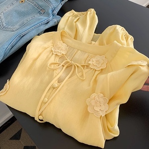 Premium Feeling 3D <span class=keywords><strong>cravatta</strong></span> floreale a manica lunga da <span class=keywords><strong>donna</strong></span> camicetta gialla top <span class=keywords><strong>camicia</strong></span> alla moda - Product Image 1