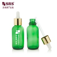 BOS005-60ml prêt à expédier bouteille en verre vert épaule ronde avec bouchon compte-gouttes en aluminium doré tête d'ampoule en Silicone blanc pour huile capillaire