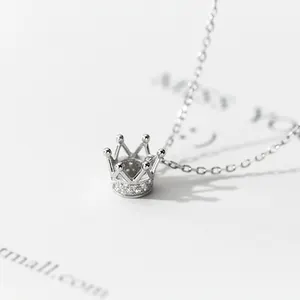 100% 925 Sterling Silver Necklace Jewelry Hand Made Zircon Crown Pendant Choker Birthday Gift for Girl Teens