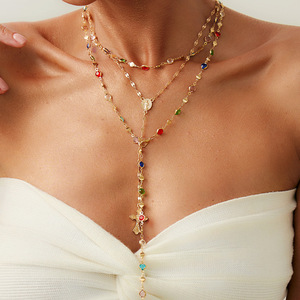 Collar con Colgante de Cruz con Incrustaciones de Diamantes y Perlas, Estilo Hip-Hop Europeo Americano, Cadena de Bambú, para Mujer, a <span class=keywords><strong>la</strong></span> Moda - Product Image 2
