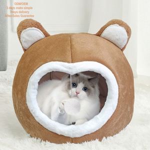 Pet Luxury Three-dimensional Ear Warming <b>Bed</b> Solid Pattern Super Soft Sponge Filling Anti-Slip All Seasons Warm Nest for Cats - Product Image 1
