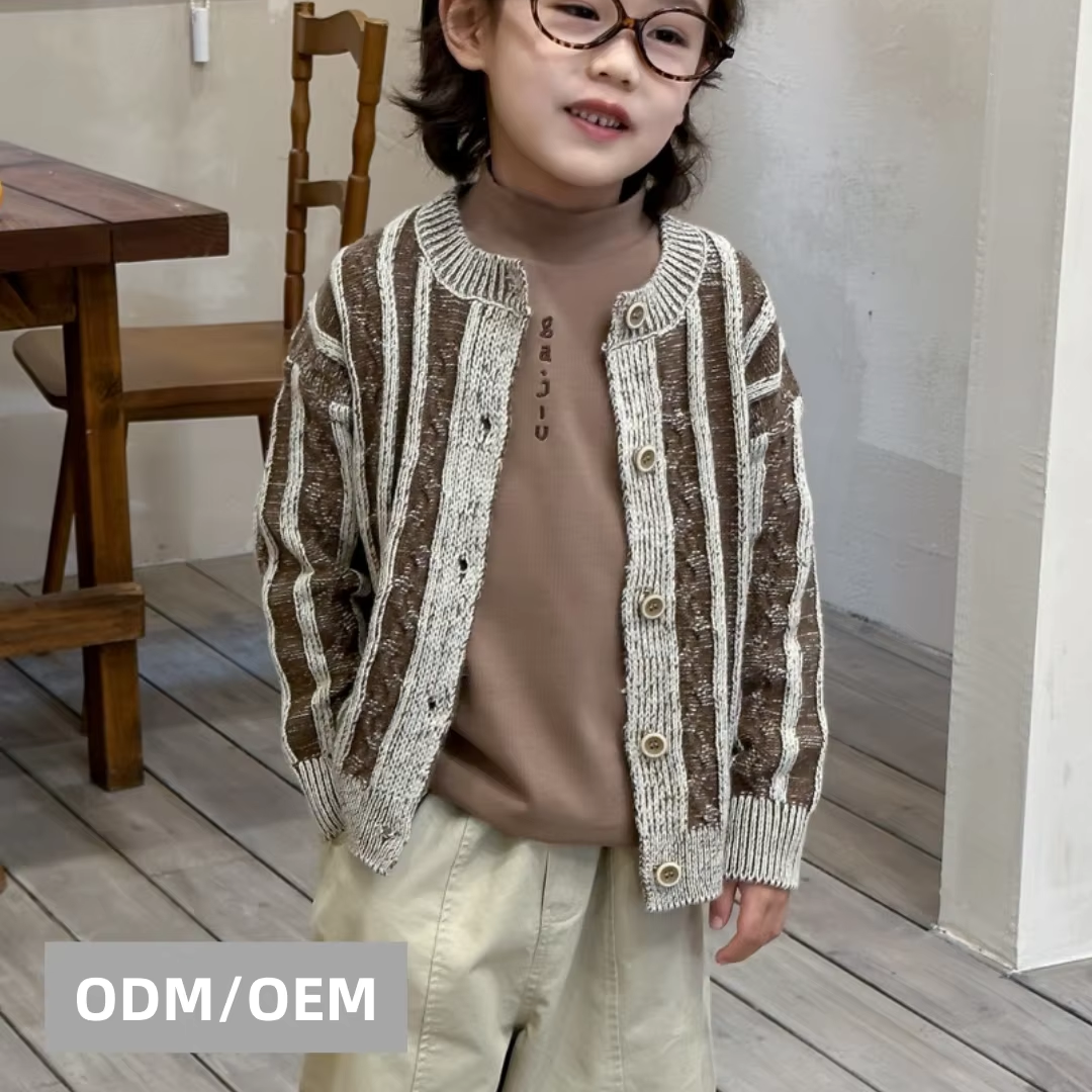 Unisex Kids Striped Cardigan Polyester/Nylon Blend Anti-Pilling Crocheted Neck Button Full Sleeve 6-13y Winter 12GG Gauge