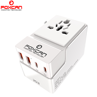 Adaptateur de voyage universel Foxcan 25W GaN PD multi-prises USB Type C pour ordinateur portable et appareil photo avec 4 ports USB
