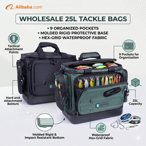 Sac de pêche 25L avec 9 poches, base rigide moulée, tissu hexagonal imperméable pour le rangement des leurres de pêche - Product Image 1